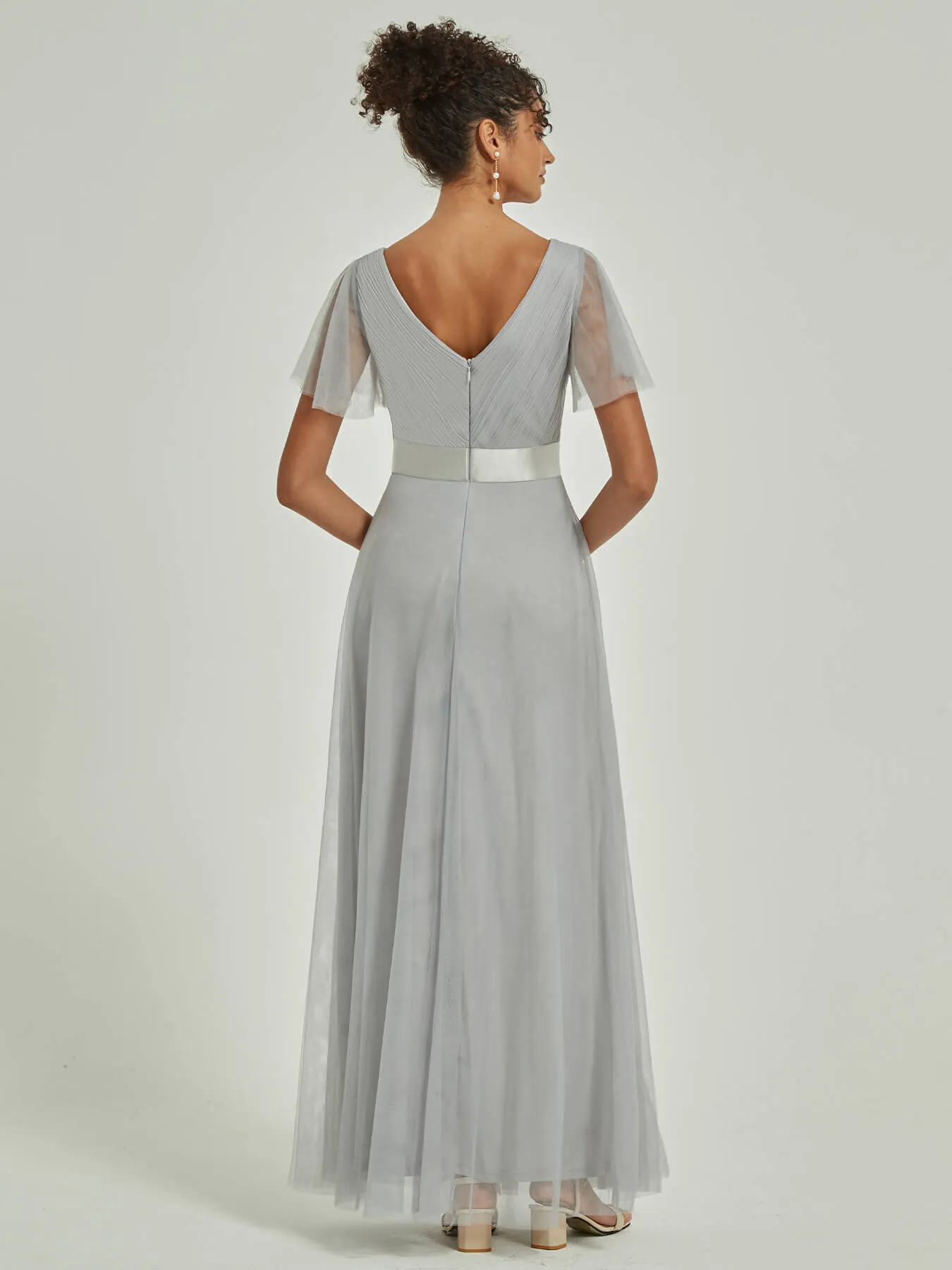 [Final Sale] Silver Grey Tulle V-Neck Ruffle Sleeves Floor Length Bridesmaid Gown