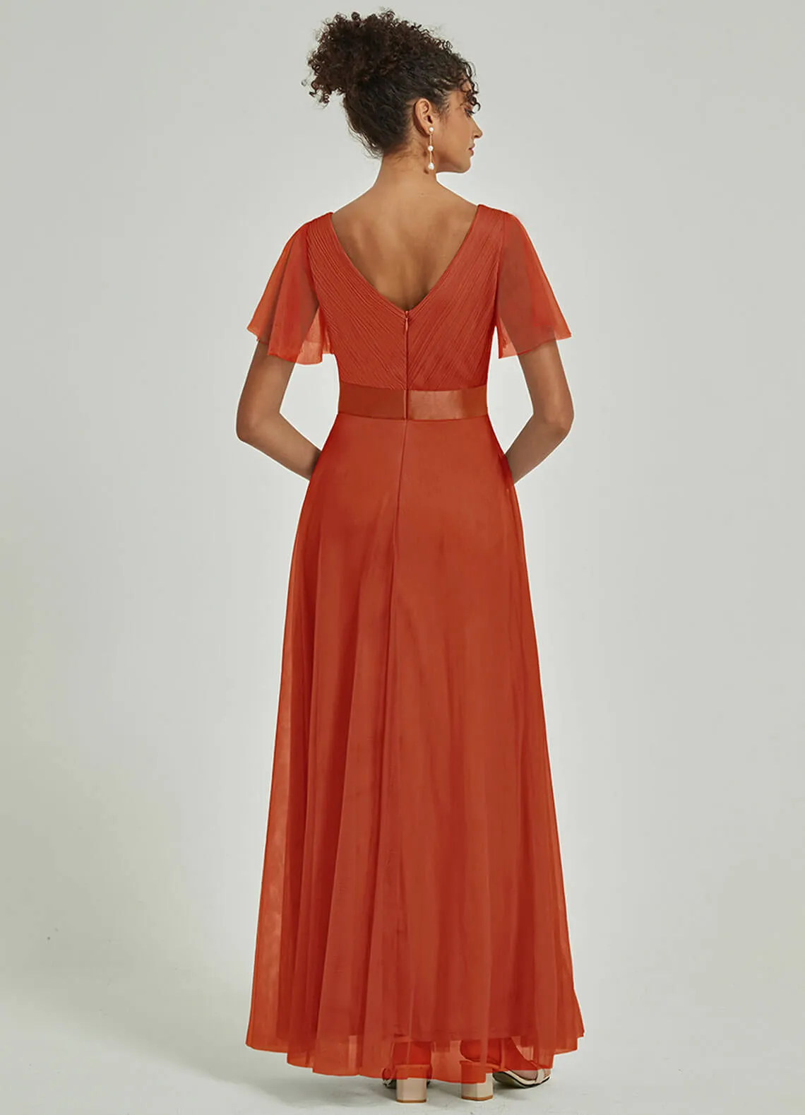 [Final Sale] Terracotta Tulle V-Neck Ruffle Sleeves Floor Length Bridesmaid Gown