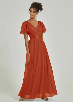 [Final Sale] Terracotta Tulle V-Neck Ruffle Sleeves Floor Length Bridesmaid Gown