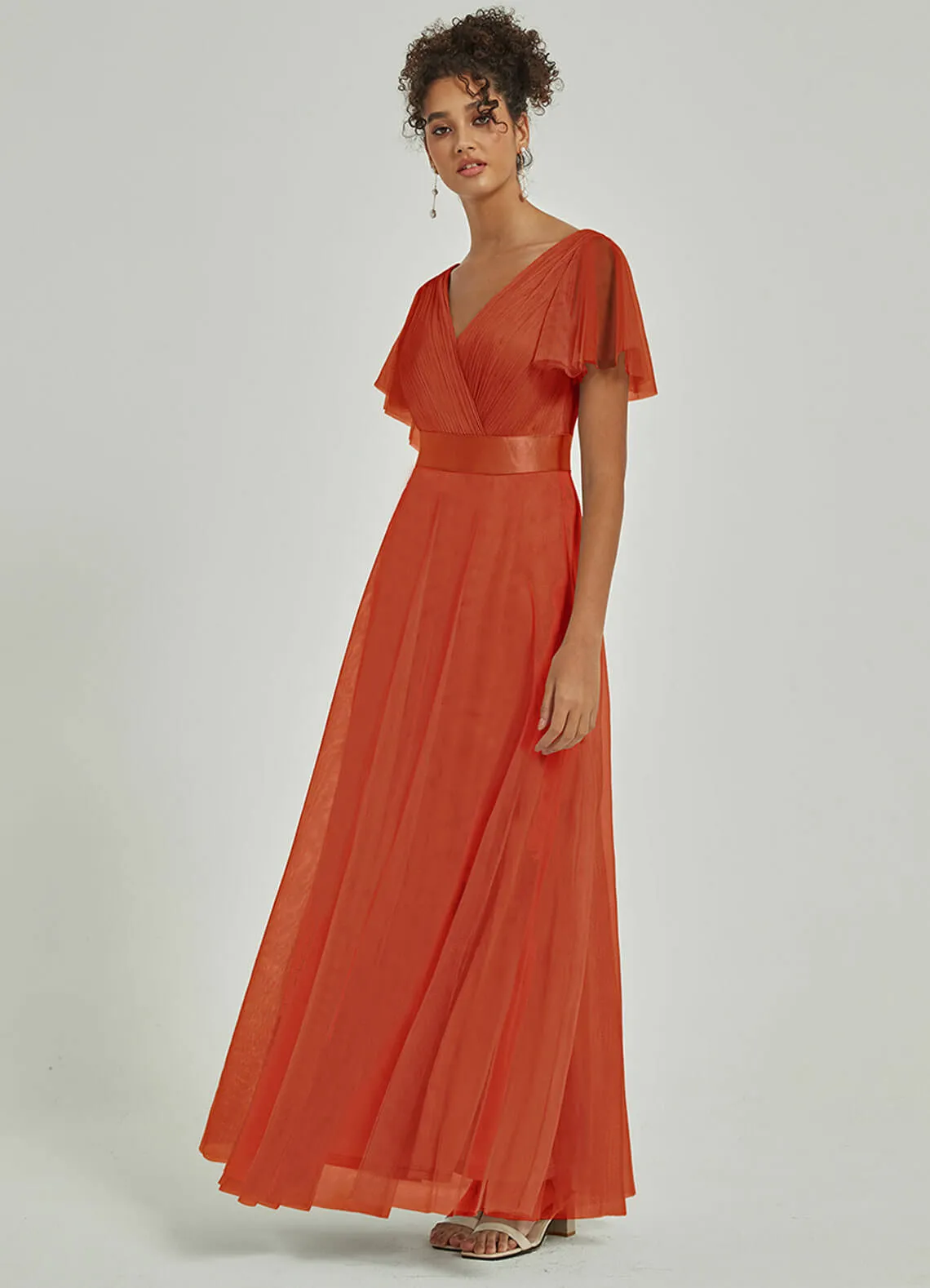 [Final Sale] Terracotta Tulle V-Neck Ruffle Sleeves Floor Length Bridesmaid Gown