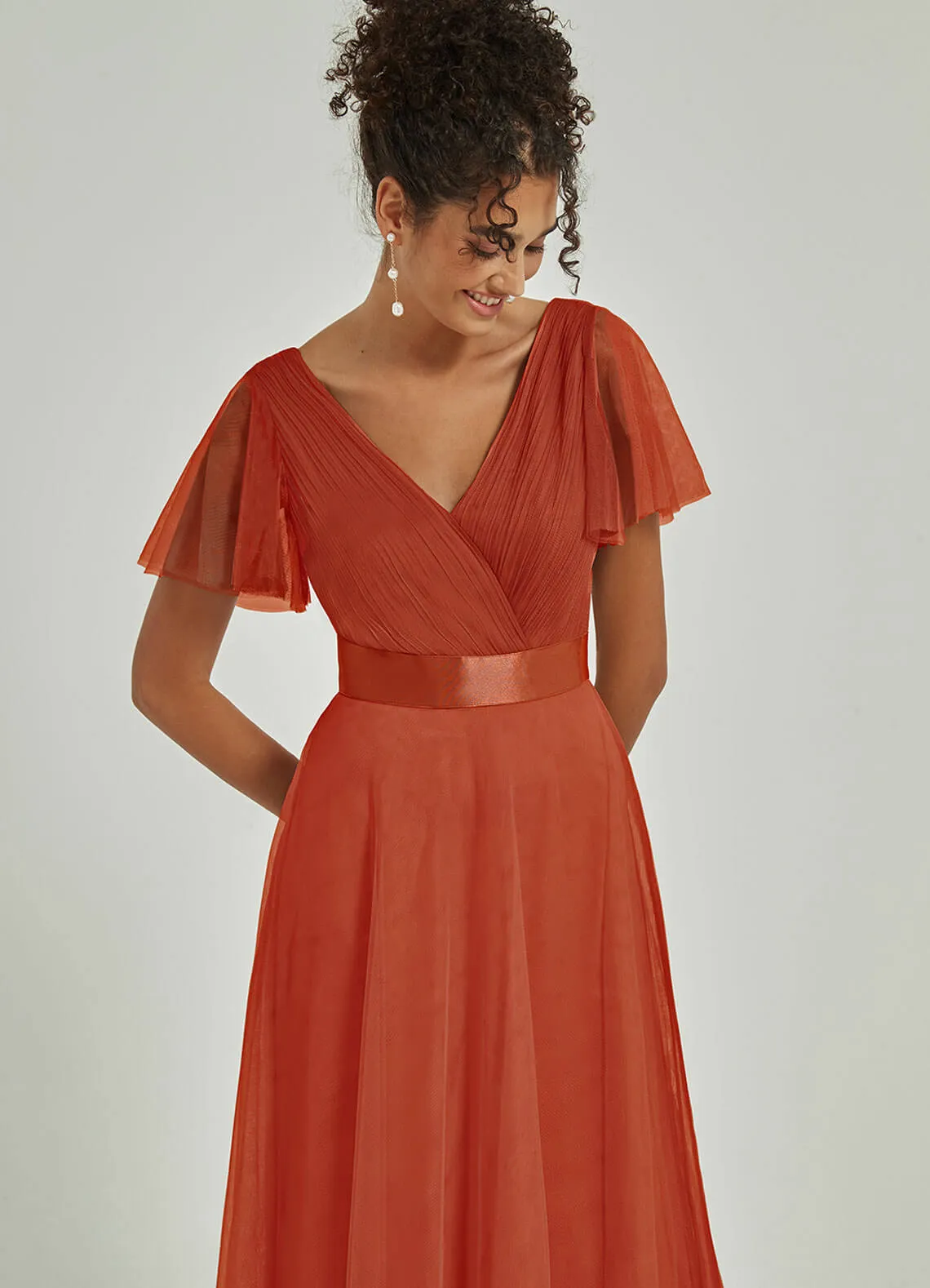 [Final Sale] Terracotta Tulle V-Neck Ruffle Sleeves Floor Length Bridesmaid Gown