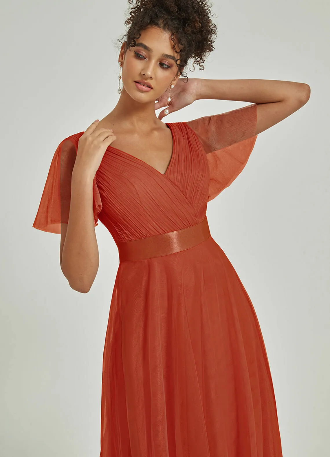 [Final Sale] Terracotta Tulle V-Neck Ruffle Sleeves Floor Length Bridesmaid Gown