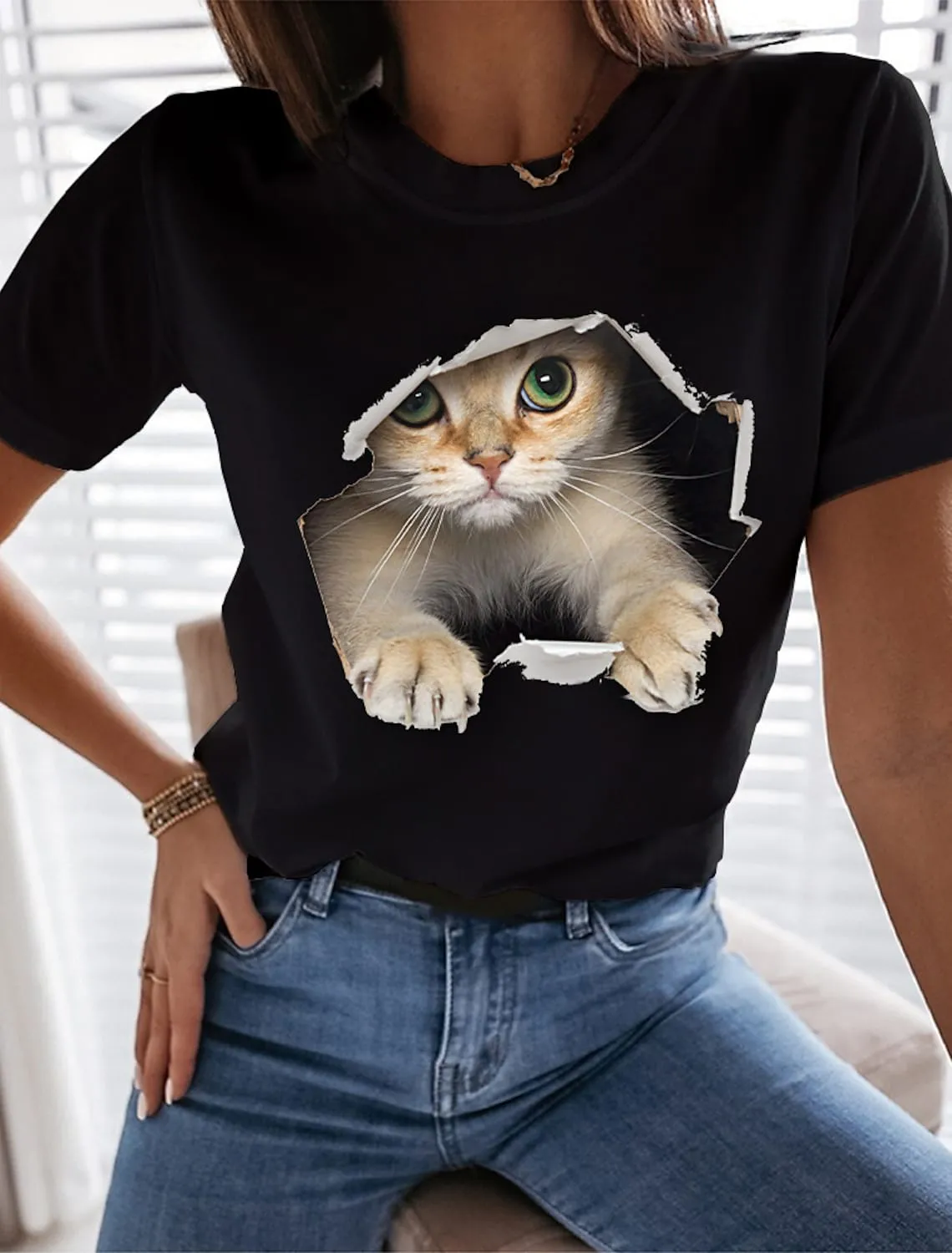 Funny Tee Shirt White Black Graphic Cat Print