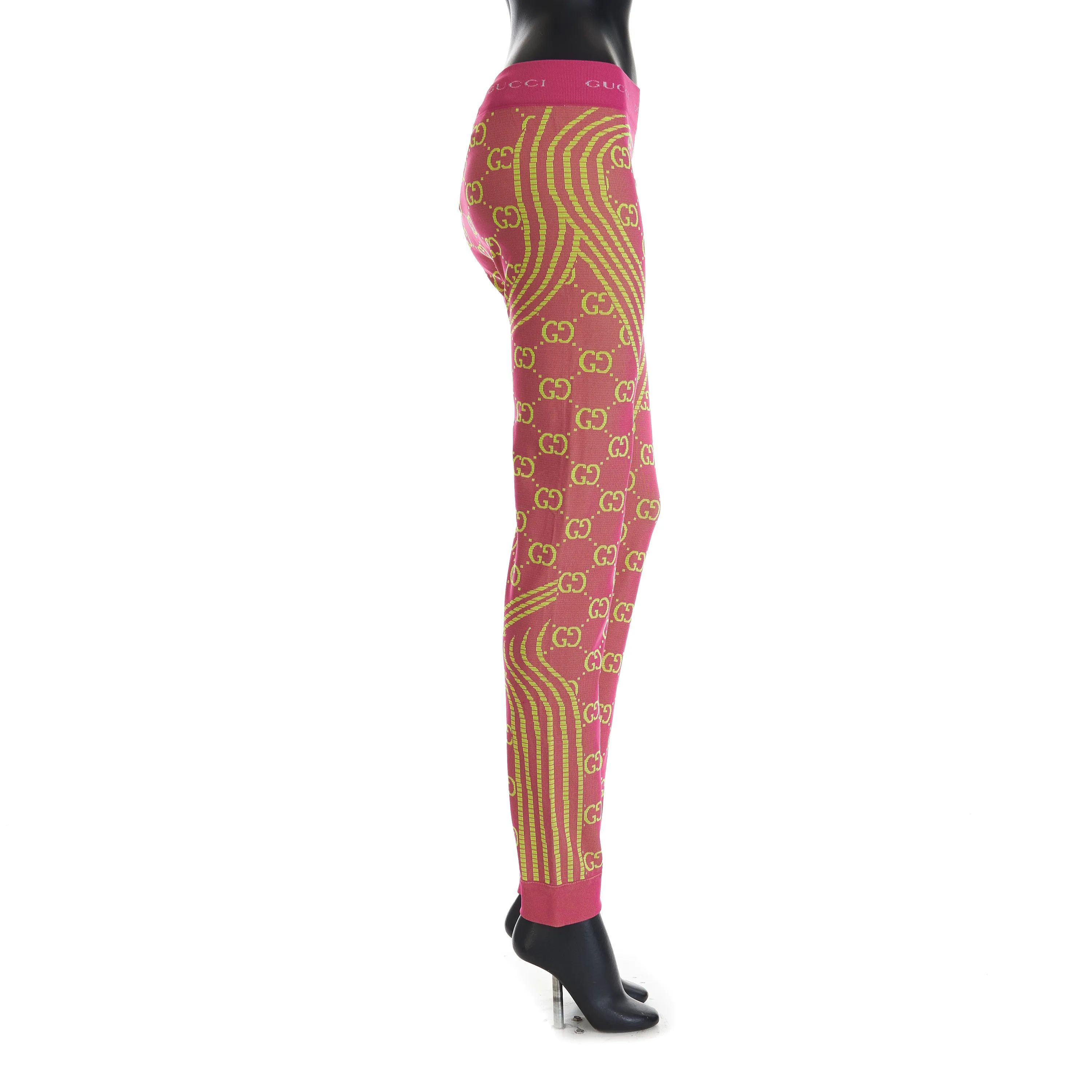GG Jacquard Tubular Jersey Leggings In Fuchsia/Fluorescent Yellow