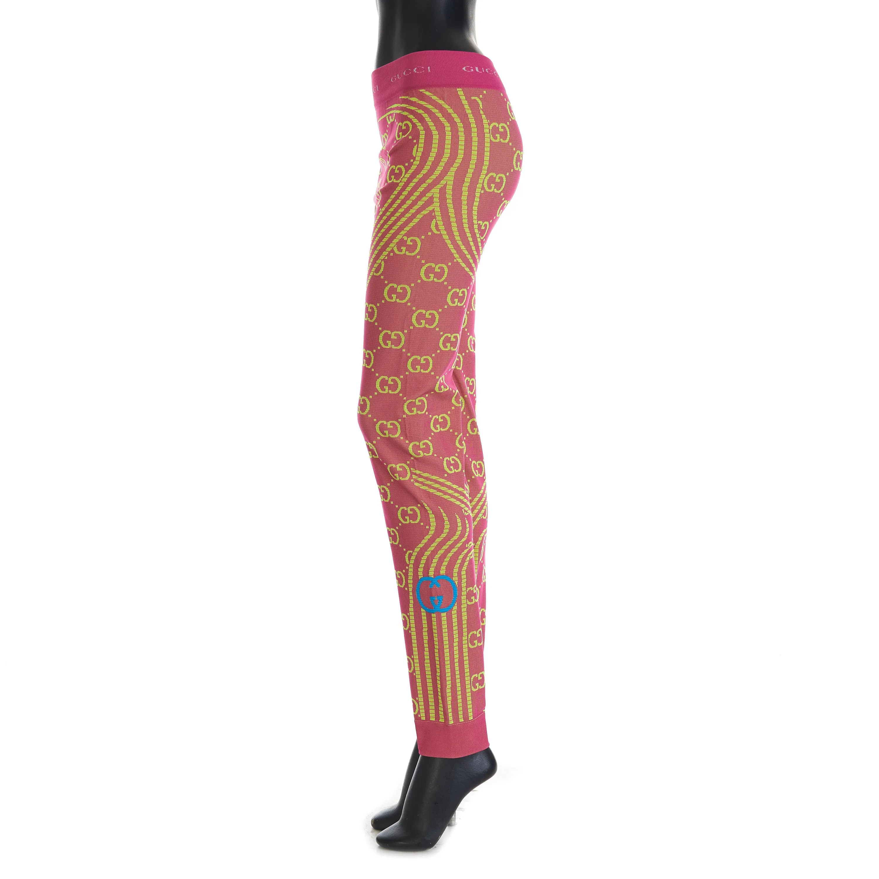 GG Jacquard Tubular Jersey Leggings In Fuchsia/Fluorescent Yellow