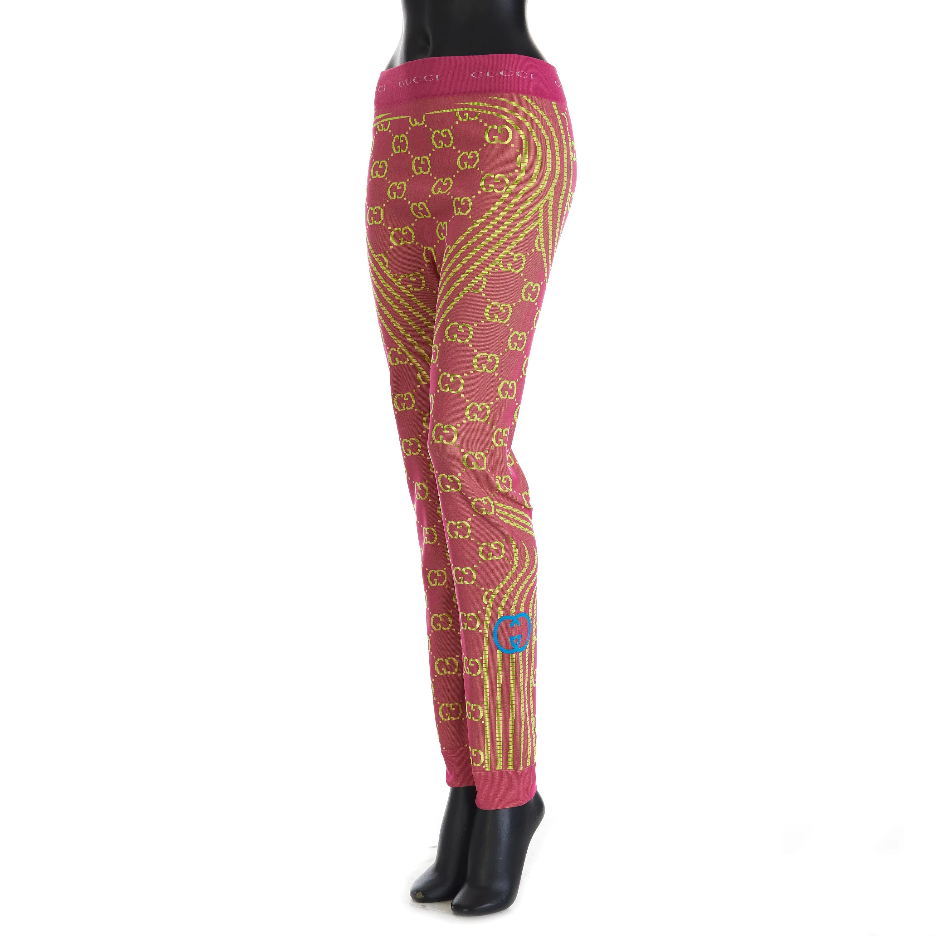 GG Jacquard Tubular Jersey Leggings In Fuchsia/Fluorescent Yellow