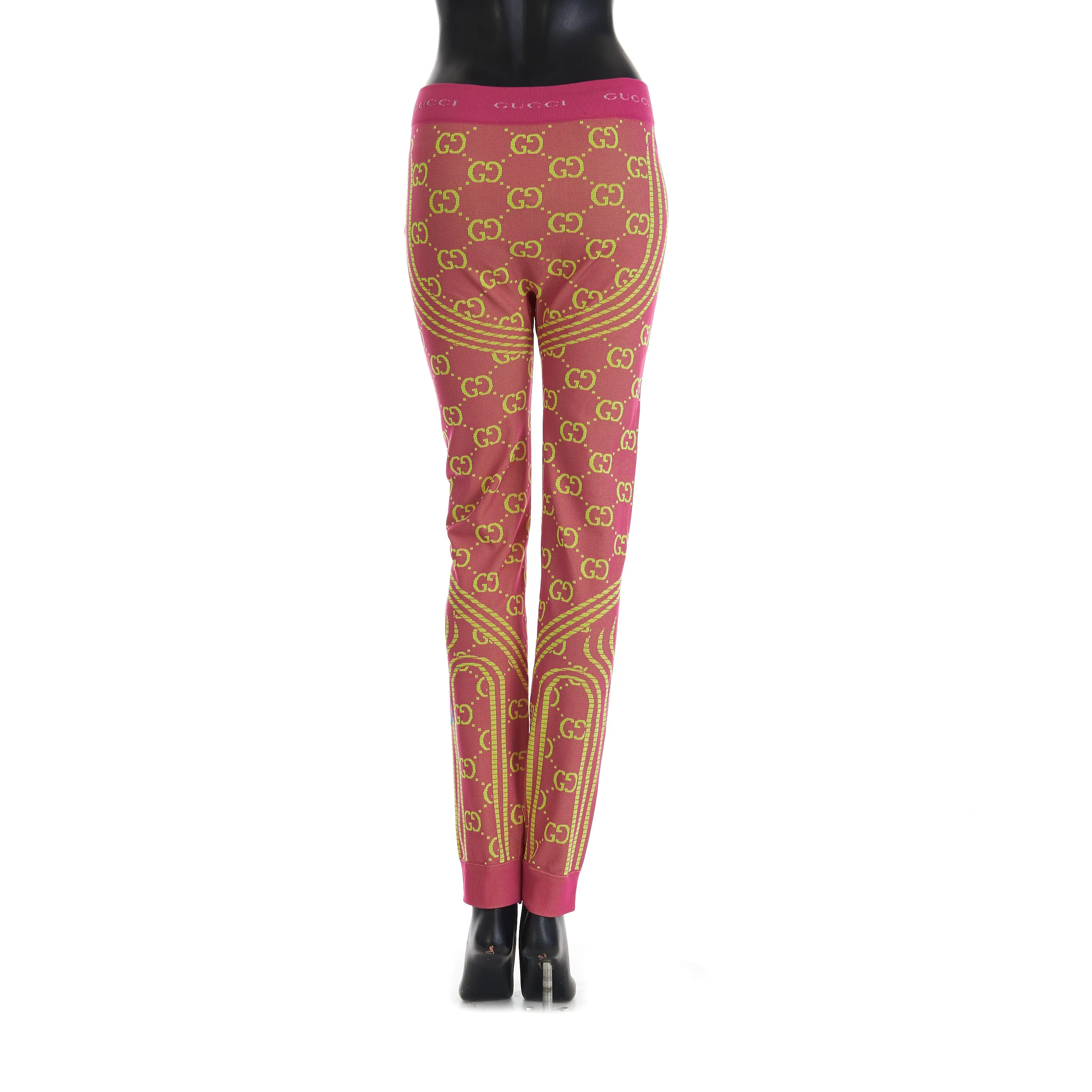 GG Jacquard Tubular Jersey Leggings In Fuchsia/Fluorescent Yellow