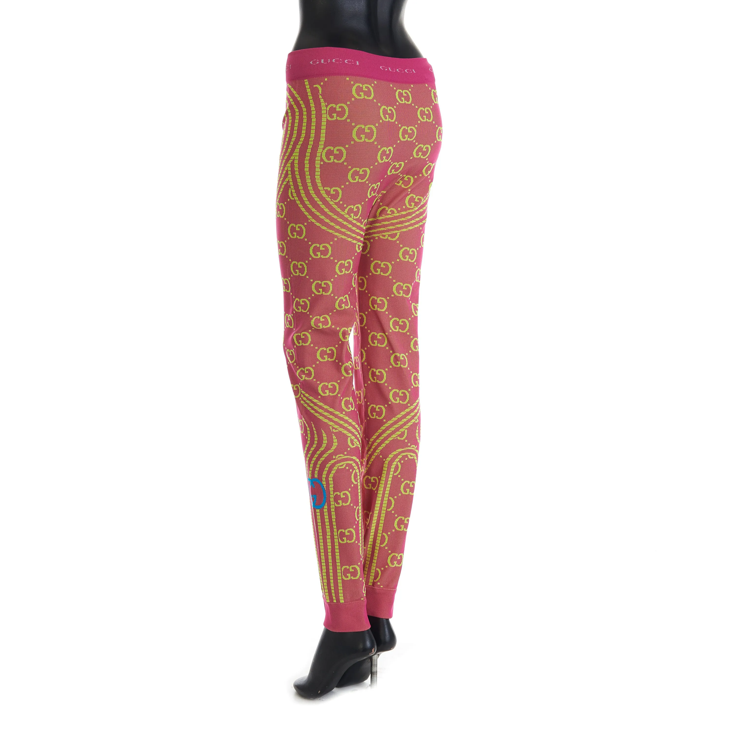 GG Jacquard Tubular Jersey Leggings In Fuchsia/Fluorescent Yellow