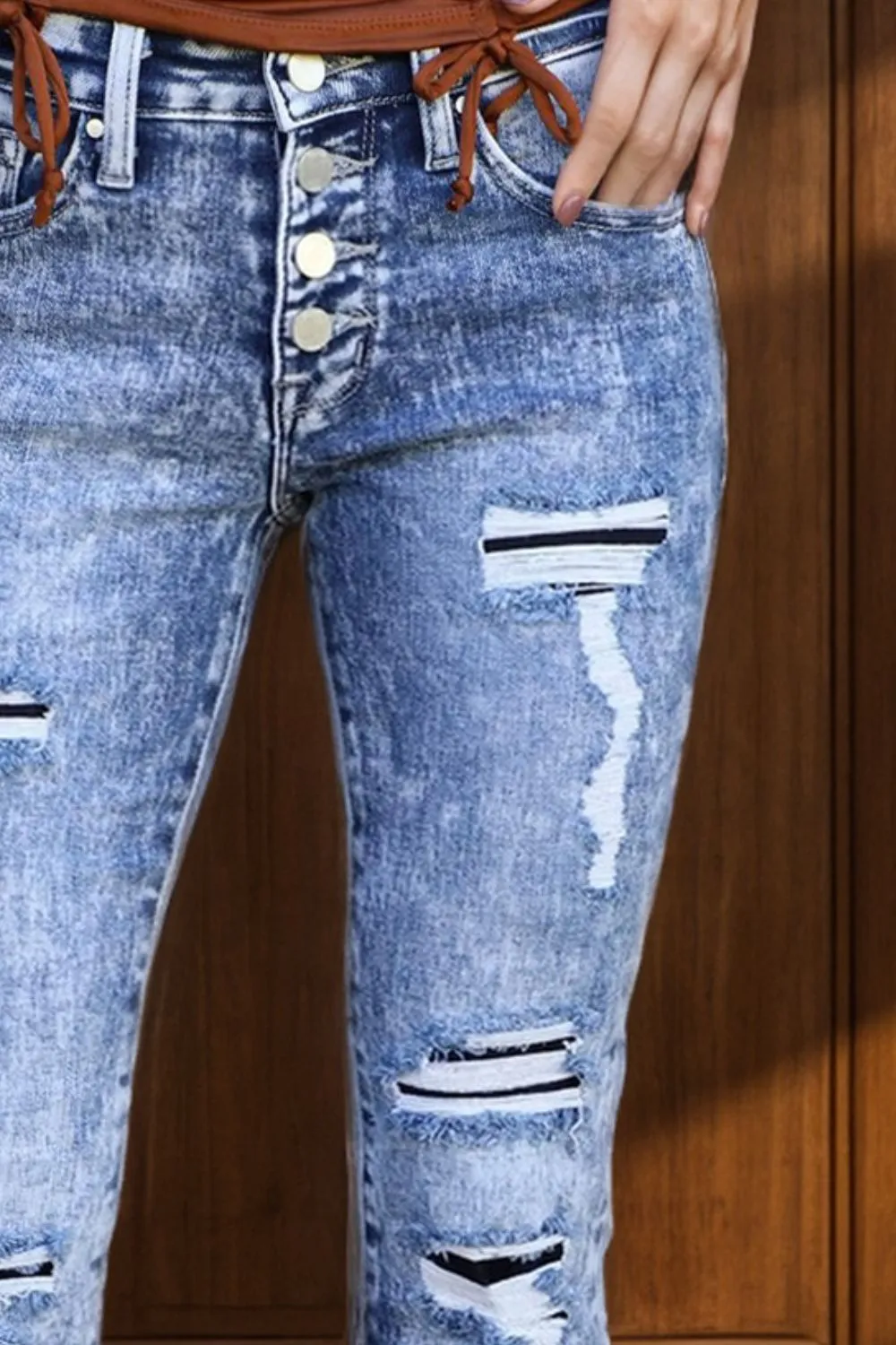 Hazel Blues® |  Distressed Button-Fly Bootcut Jeans with Pockets