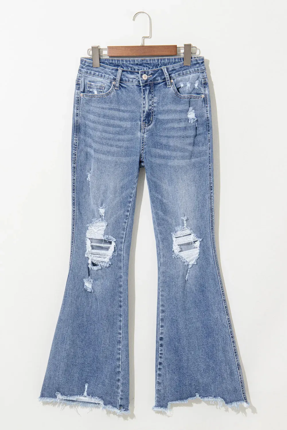 Hazel Blues® |  Distressed Raw Hem Bootcut Jeans