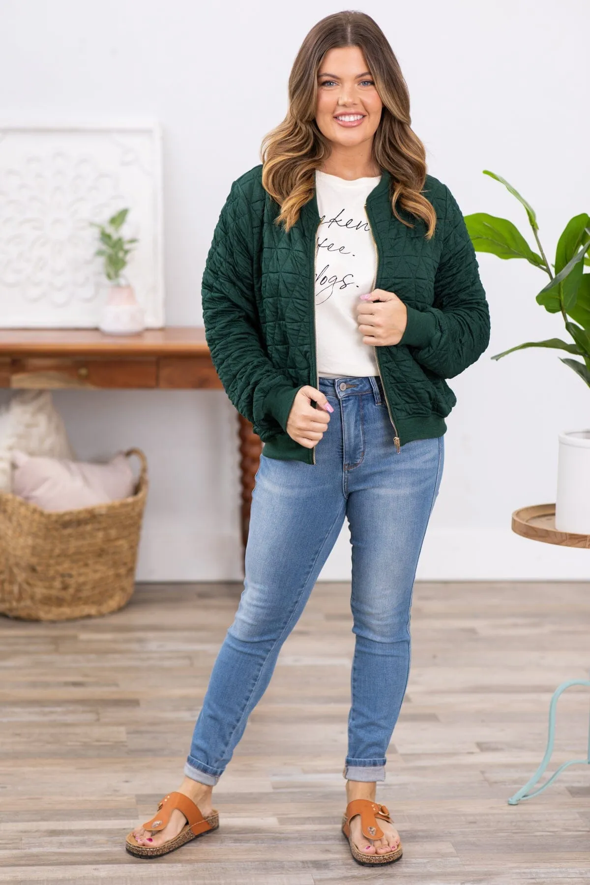 Hunter Green Quilted Bomber Jacket