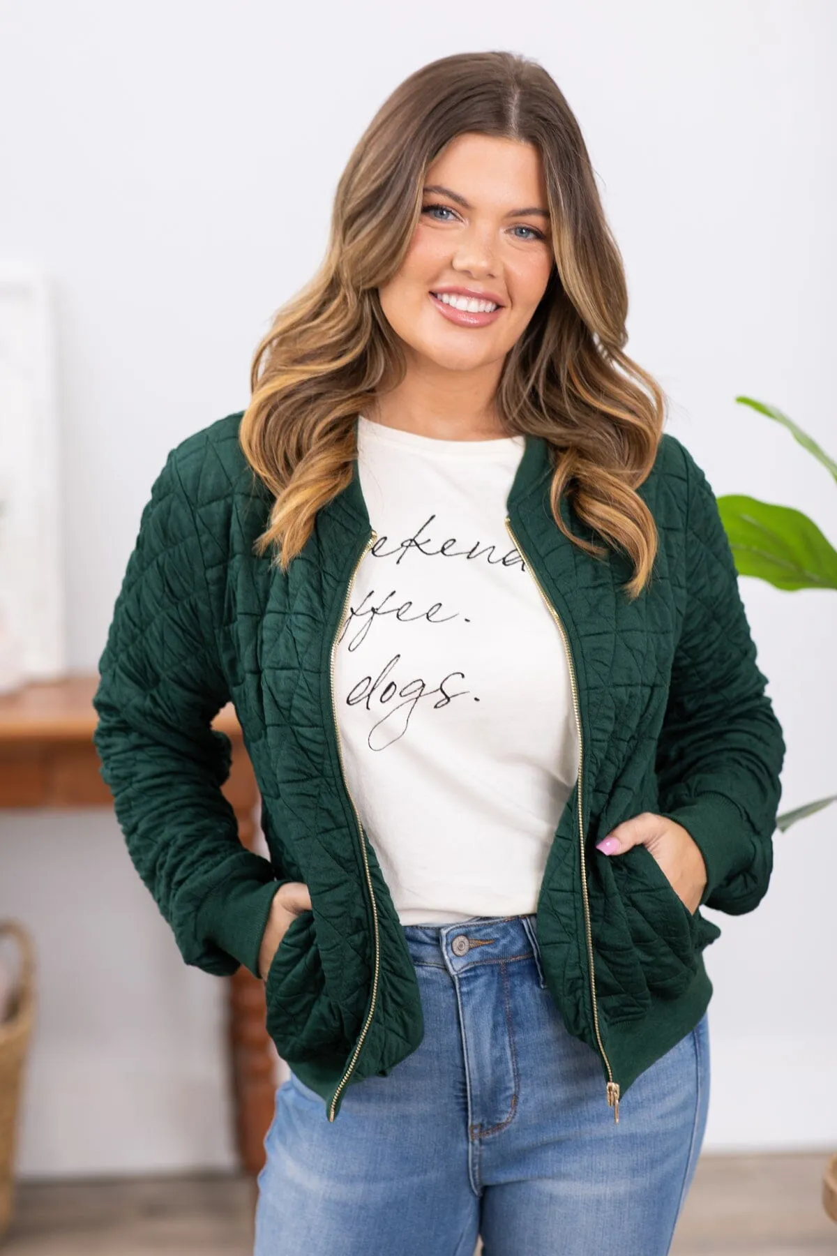 Hunter Green Quilted Bomber Jacket