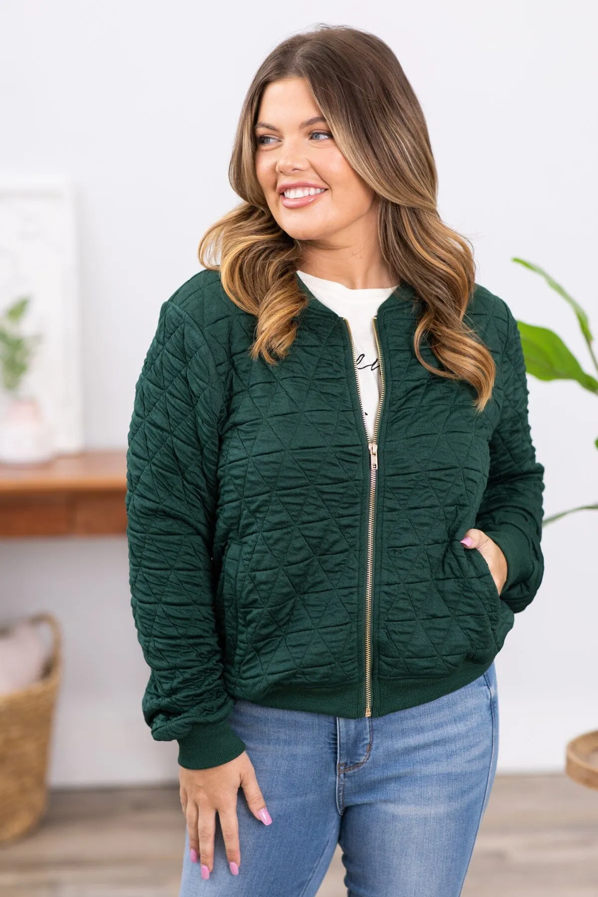 Hunter Green Quilted Bomber Jacket