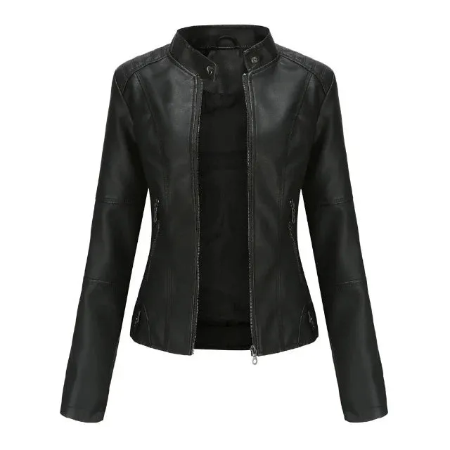 Jacket made of synthetic leather, a casual item with a sophisticated, feminine style