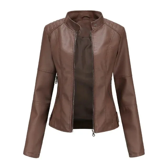 Jacket made of synthetic leather, a casual item with a sophisticated, feminine style