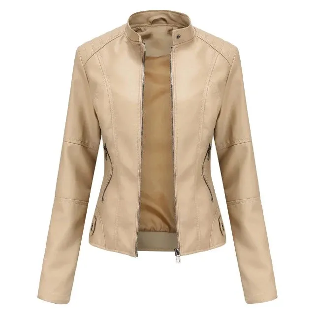 Jacket made of synthetic leather, a casual item with a sophisticated, feminine style