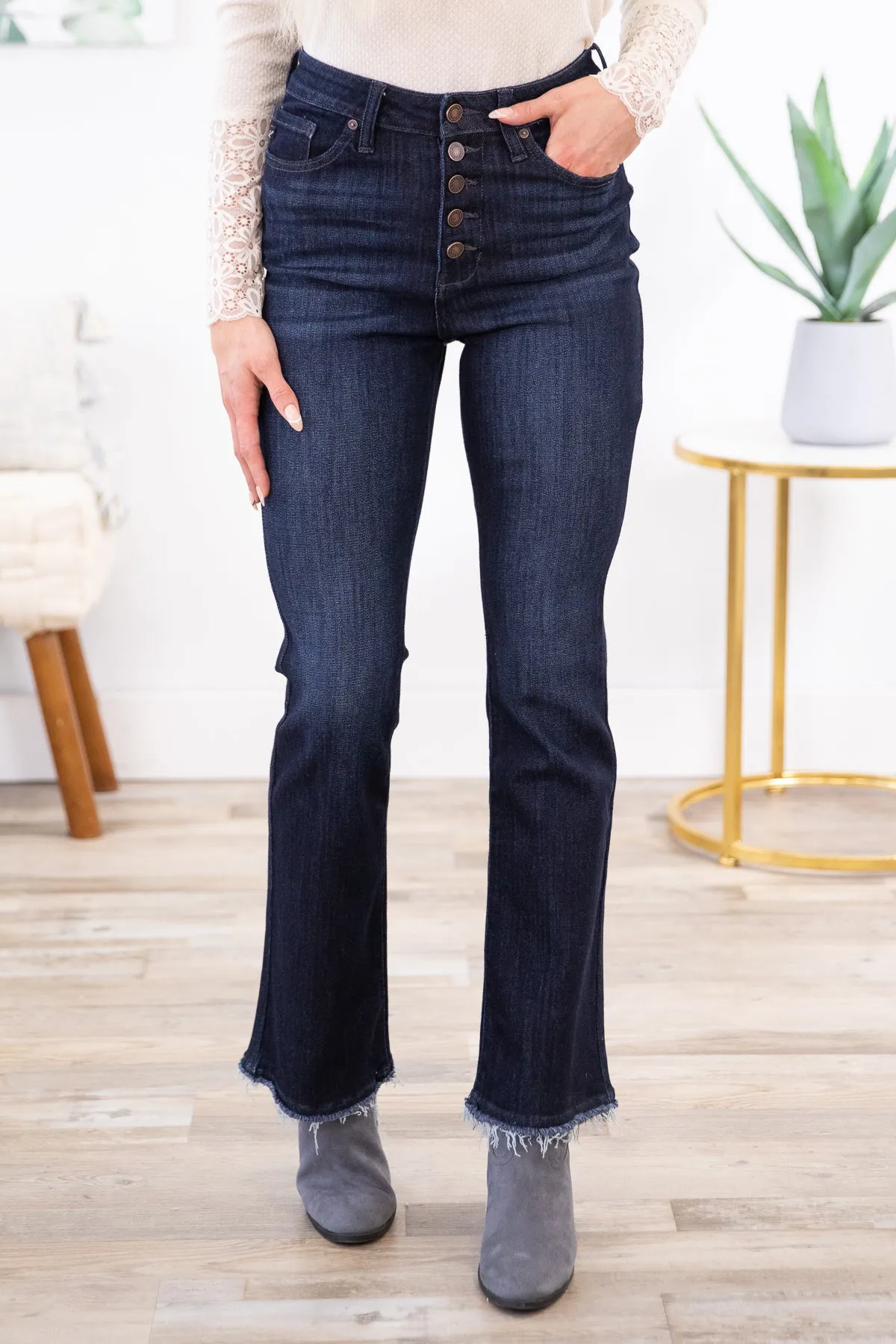 Kancan Dark Wash Raw Hem Bootcut Jeans