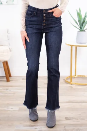 Kancan Dark Wash Raw Hem Bootcut Jeans
