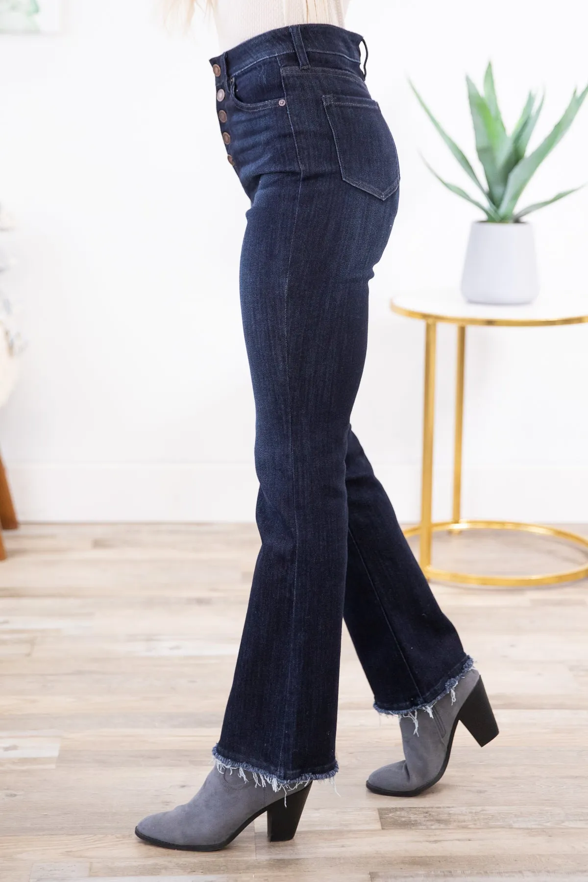 Kancan Dark Wash Raw Hem Bootcut Jeans