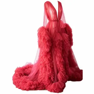 Ladies Dressing Gown Perspective Sheer Long Robe Puffy Tulle Robe Sheer Photo-shoot Maternity dresses