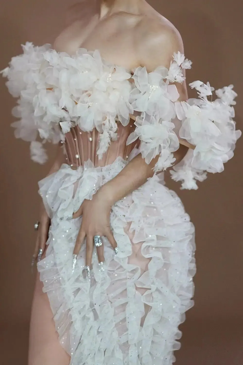 Long Elegant White Flower Evening Dress