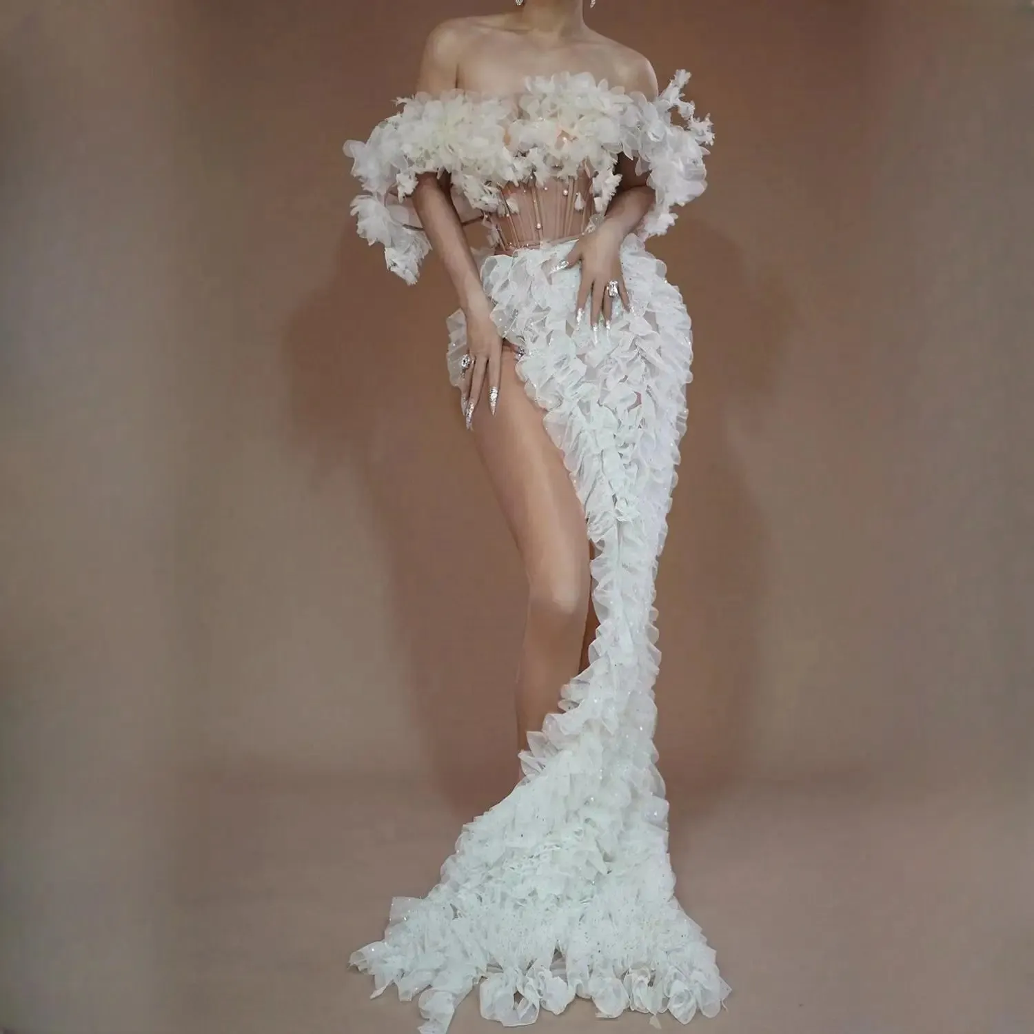 Long Elegant White Flower Evening Dress