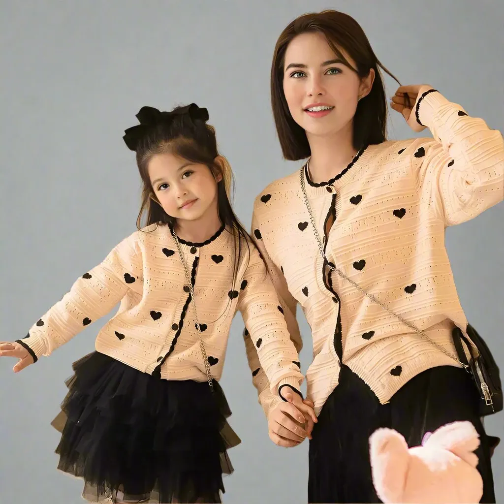 Matching Mother and Daughter Heart Knit Cardigans  Cream and Black Sweaters for Mommy & Me