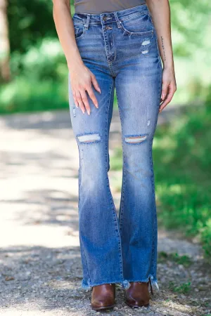 Medium Wash Distressed Fray Hem Bootcut Jeans