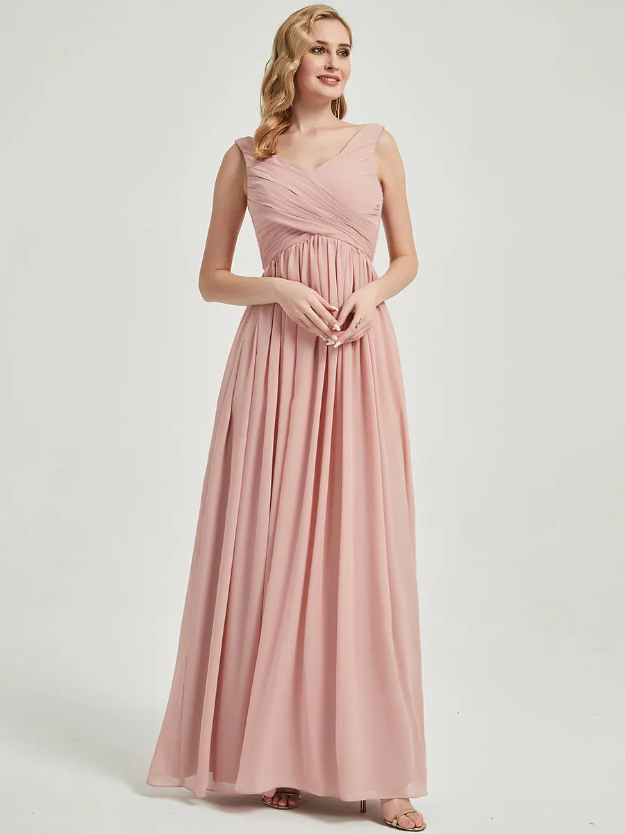 Mulberry V-Neck Empire Sleeveless Pleated Chiffon Maxi Bridesmaid Dress