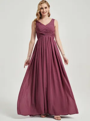 Mulberry V-Neck Empire Sleeveless Pleated Chiffon Maxi Bridesmaid Dress