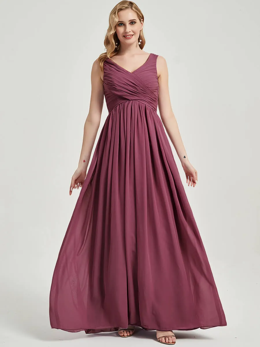 Mulberry V-Neck Empire Sleeveless Pleated Chiffon Maxi Bridesmaid Dress