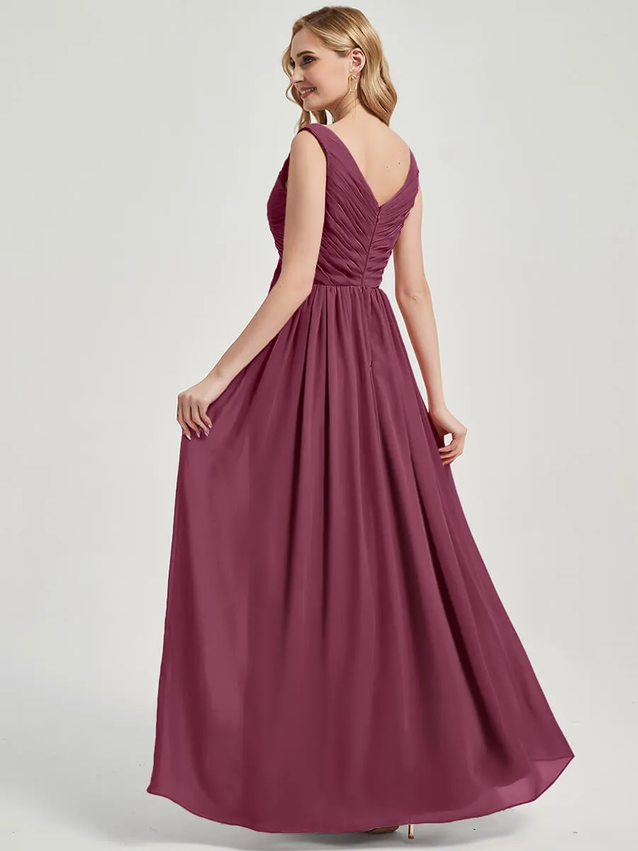 Mulberry V-Neck Empire Sleeveless Pleated Chiffon Maxi Bridesmaid Dress