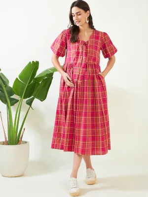 Pink Checkered Tie-Knot Maternity Dress