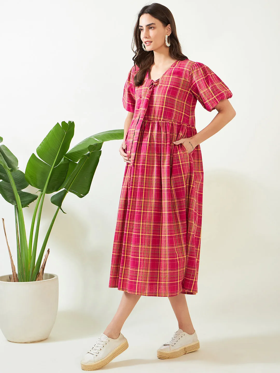 Pink Checkered Tie-Knot Maternity Dress