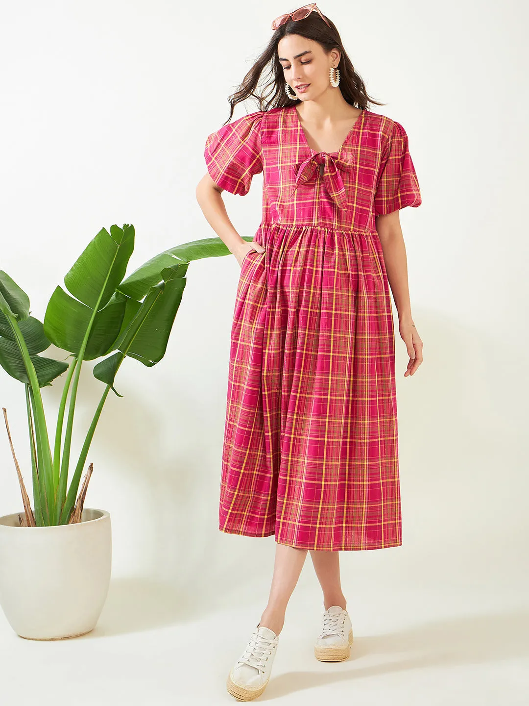 Pink Checkered Tie-Knot Maternity Dress