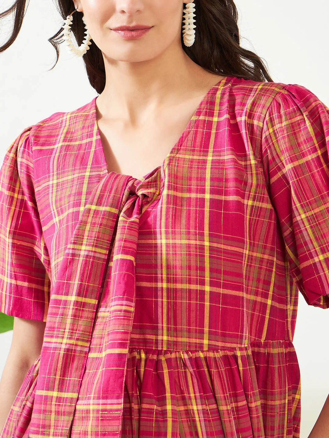 Pink Checkered Tie-Knot Maternity Dress