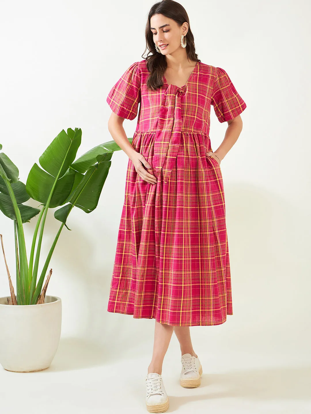 Pink Checkered Tie-Knot Maternity Dress