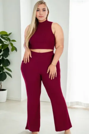Plus Mock Neck Crop Tank Top& Bootcut Pants Set