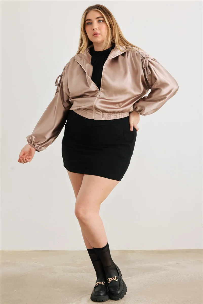 Plus Satin Ruched Long Sleeve Bomber Jacket