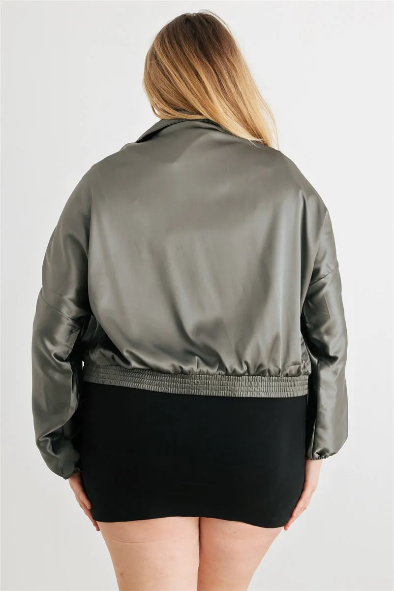 Plus Satin Ruched Long Sleeve Bomber Jacket