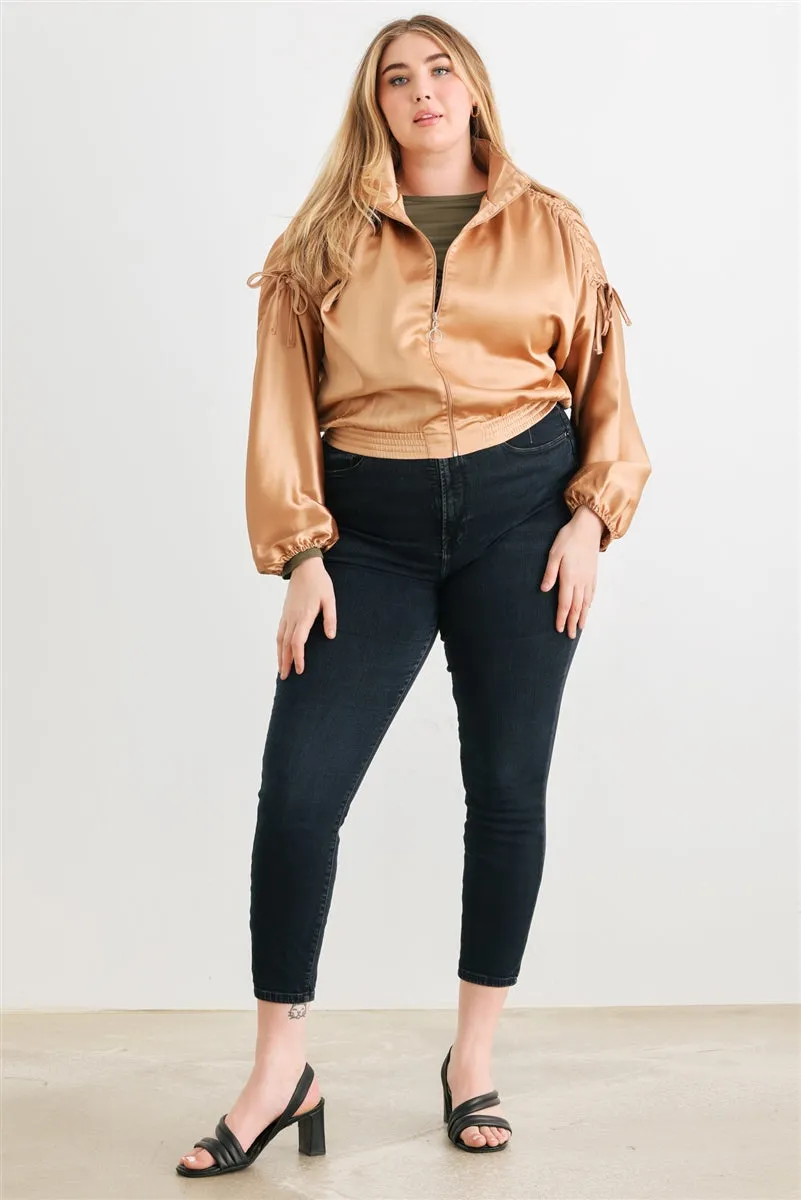 Plus Satin Ruched Long Sleeve Bomber Jacket