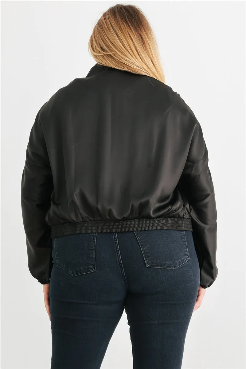 Plus Satin Ruched Long Sleeve Bomber Jacket