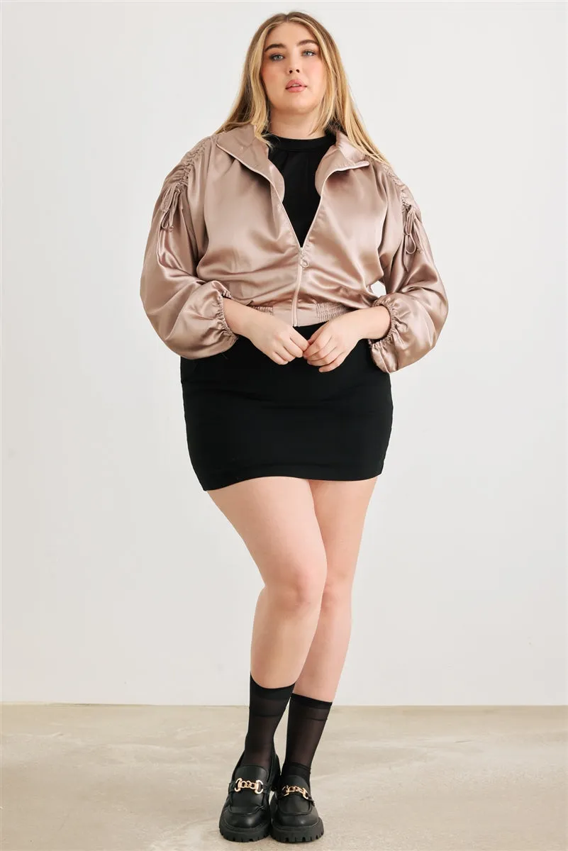 Plus Satin Ruched Long Sleeve Bomber Jacket