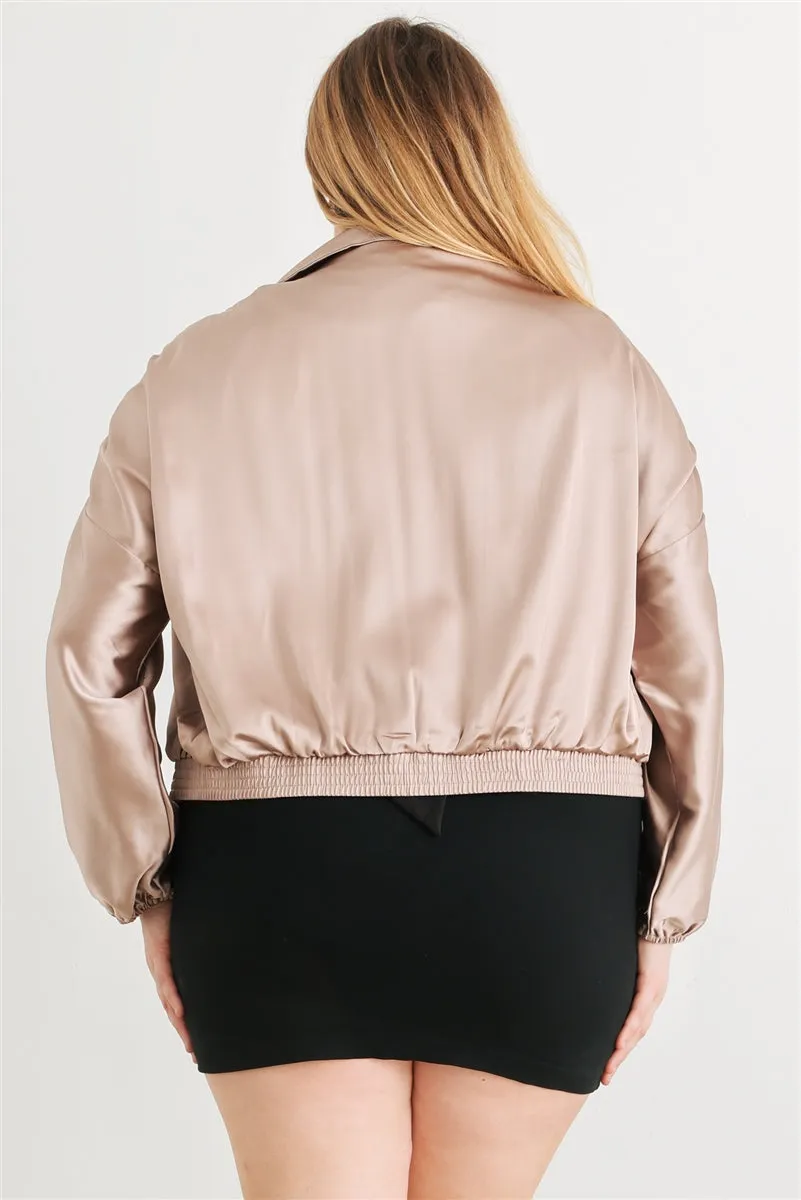 Plus Satin Ruched Long Sleeve Bomber Jacket