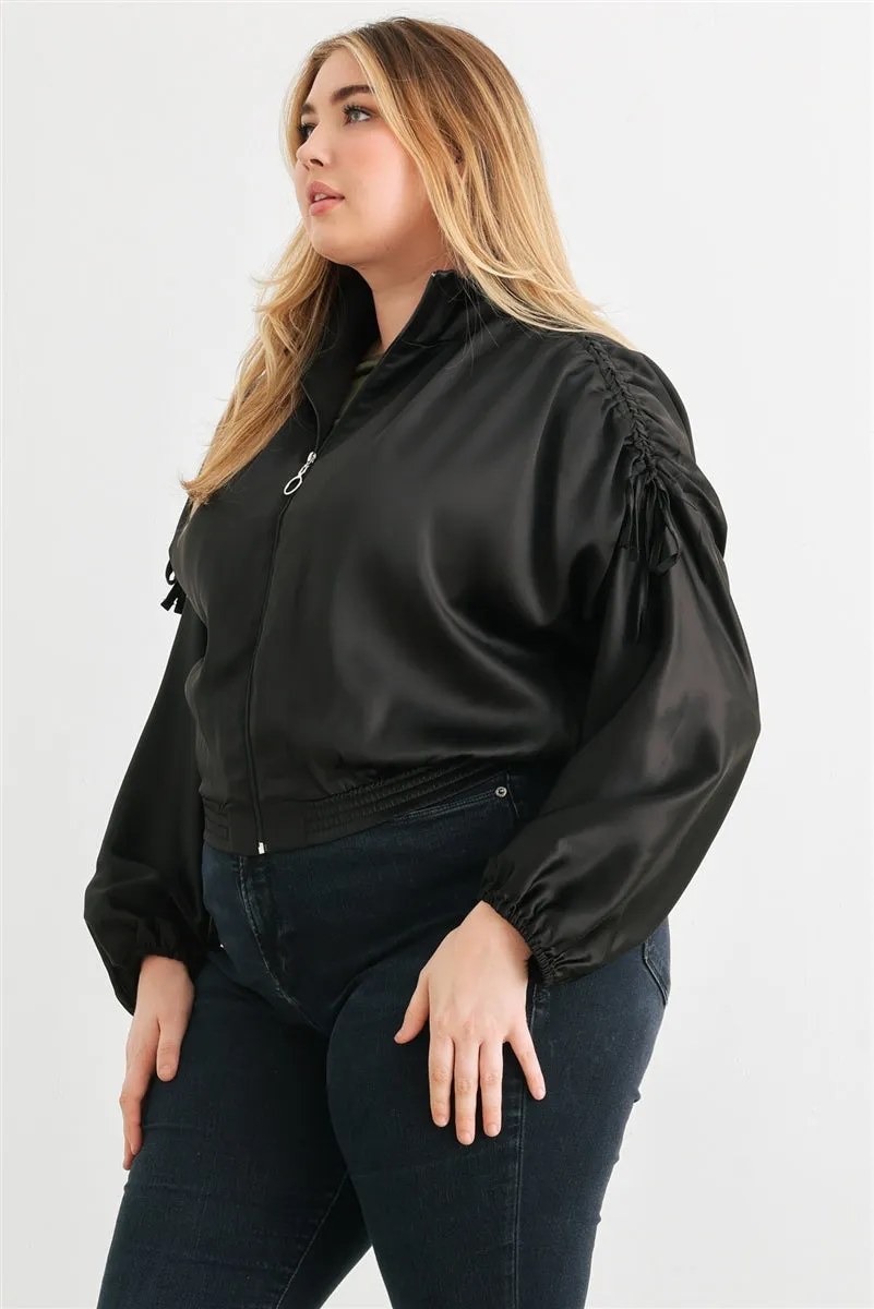 Plus Satin Ruched Long Sleeve Bomber Jacket