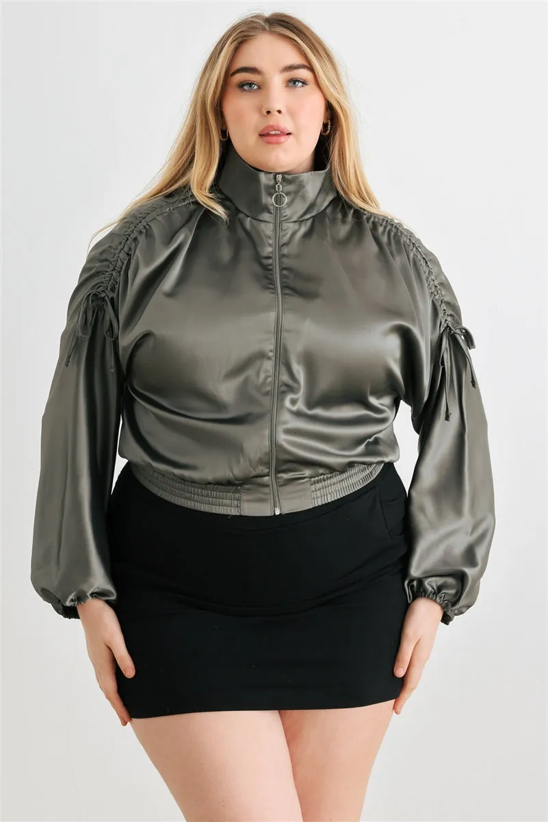 Plus Satin Ruched Long Sleeve Bomber Jacket