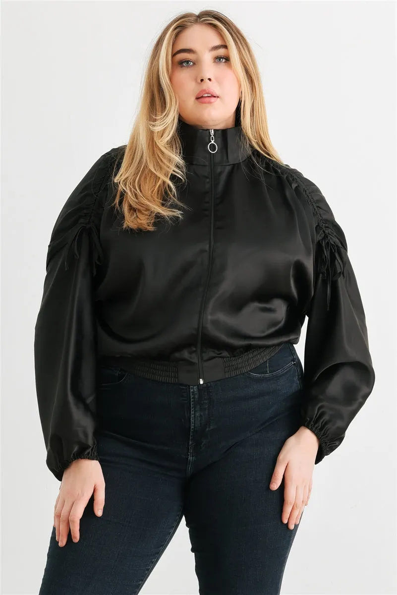 Plus Satin Ruched Long Sleeve Bomber Jacket