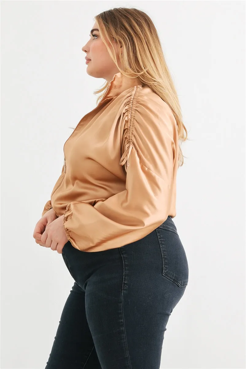 Plus Satin Ruched Long Sleeve Bomber Jacket