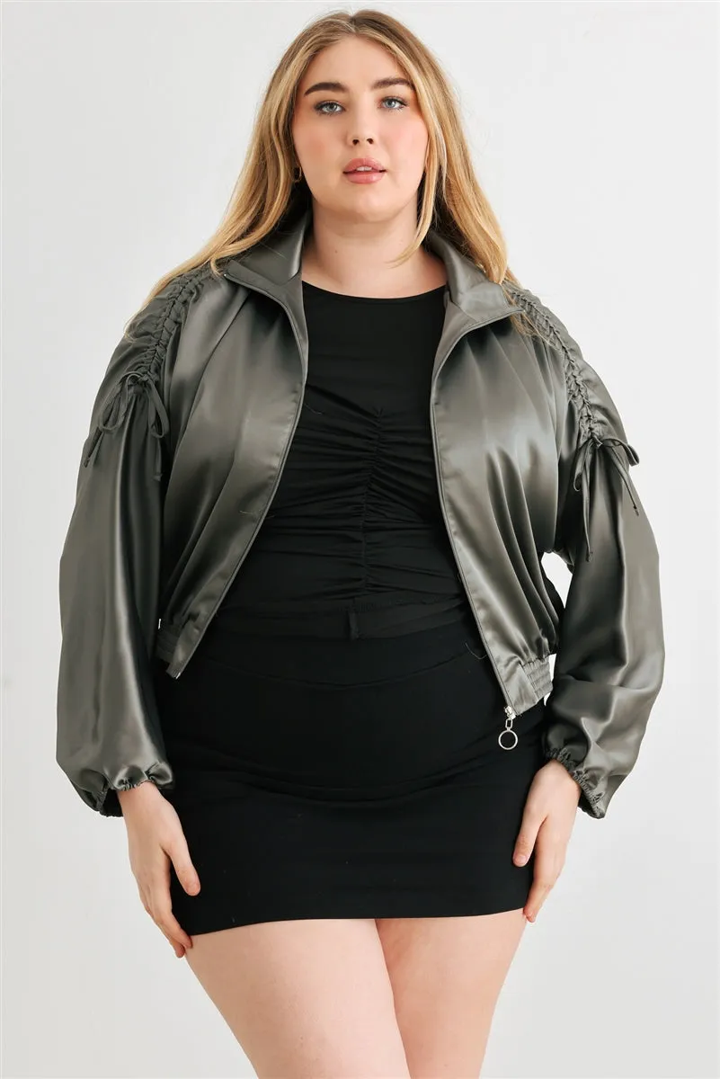 Plus Satin Ruched Long Sleeve Bomber Jacket
