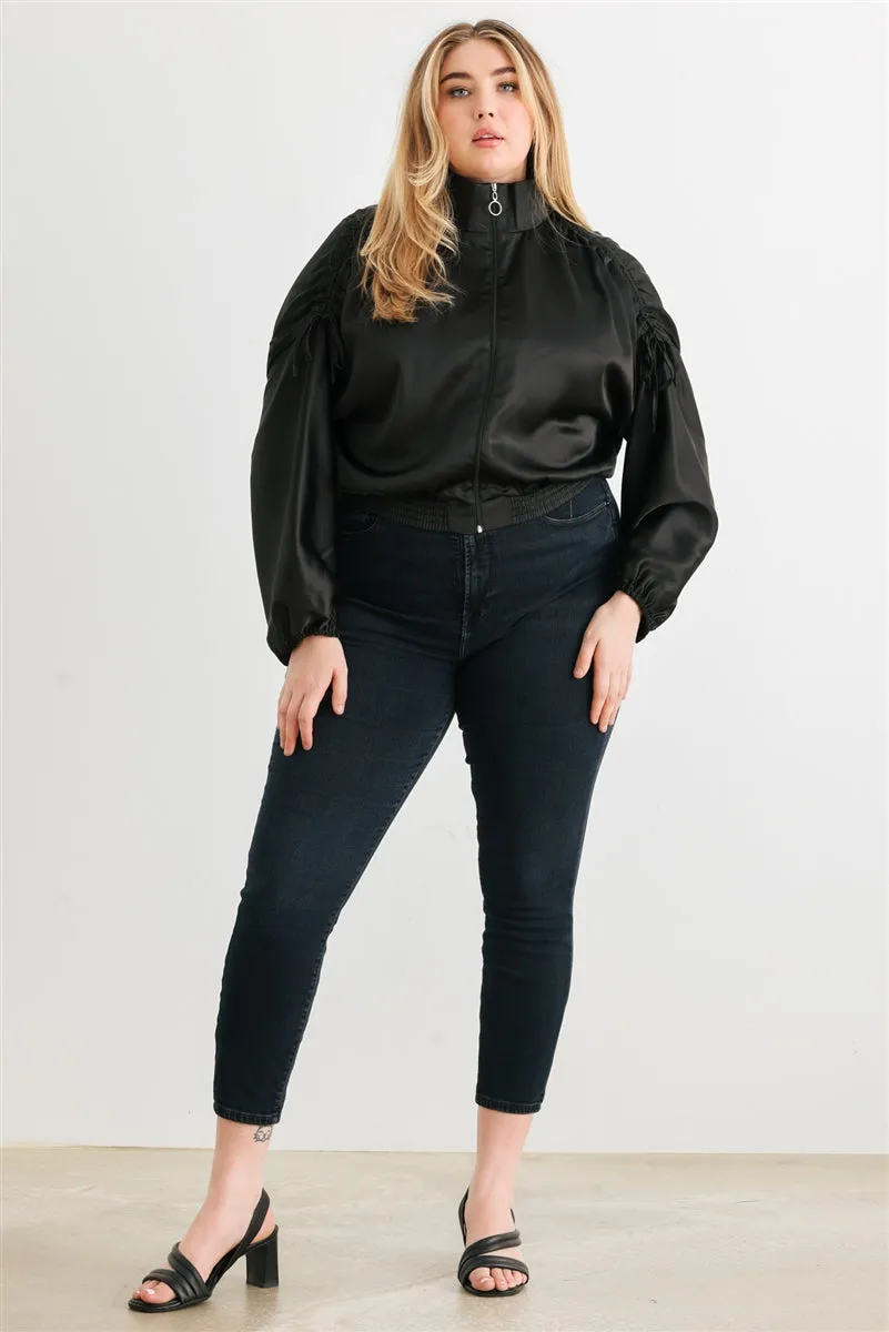 Plus Satin Ruched Long Sleeve Bomber Jacket